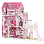 ecotoys drvena kucica za lutke s liftom i toboganom 03